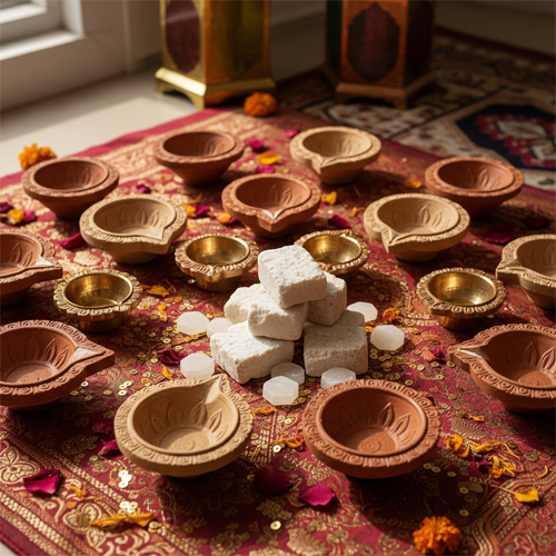 Bulk diyas & camphor (clay/metal diyas; camphor bricks or tablets)