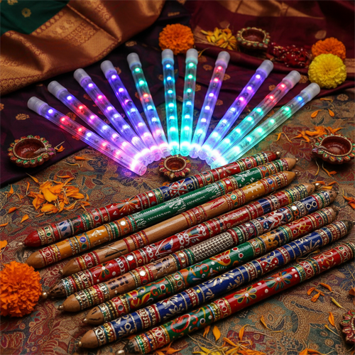 Decorated dandiya sticks (lacquered wooden & LED dandiya options)